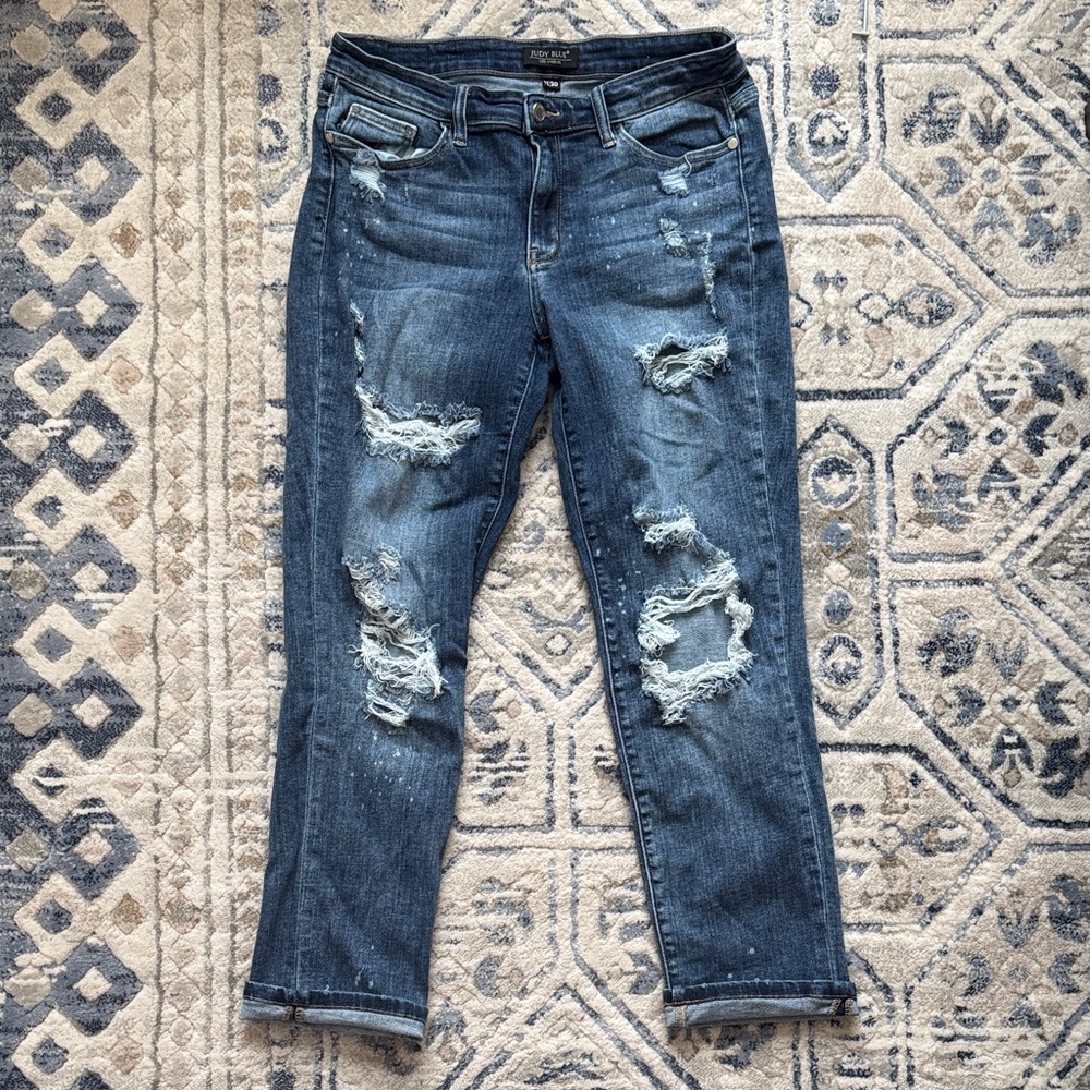 Judy Blue Distressed Blue Boyfriend Jeans